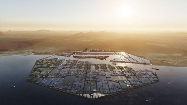 Kota futuristik di padang pasir ini dipenuhi gedung-gedung berteknologi tinggi. Pembangunan kota tersebut tidak memproduksi karbon dan mengandalkan kecerdasan buatan artificial inteligence(AI). (dok. NEOM)