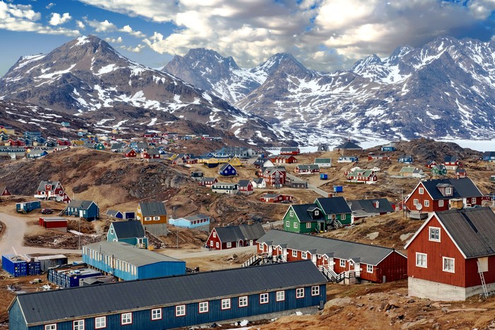 A view of Tasiilaq, a town surrounded by high mountains in Eastern Greenland