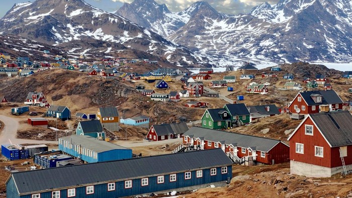 A view of Tasiilaq, a town surrounded by high mountains in Eastern Greenland