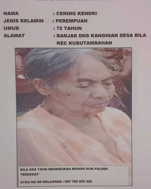 Pamflet Cening Kendri, lansia di Buleleng, Bali, hilang sejak tiga hari lalu.