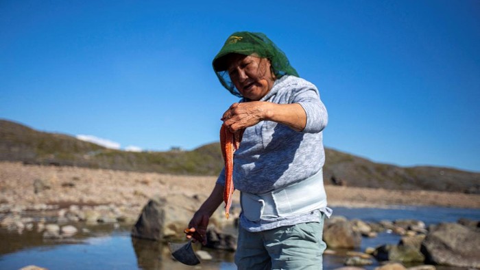 Oolootie Kunilusie removed the eggs from an arctic char fish she caught from the Sylvia Grinnell River ahead of the visit by Pope Francis to Iqaluit, Nunavut, Canada July 27, 2022. REUTERS/Carlos Osorio
