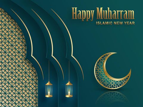Vector illustration of Shiny background with gold crescent moon and hanging lantern for celebration islamic new year