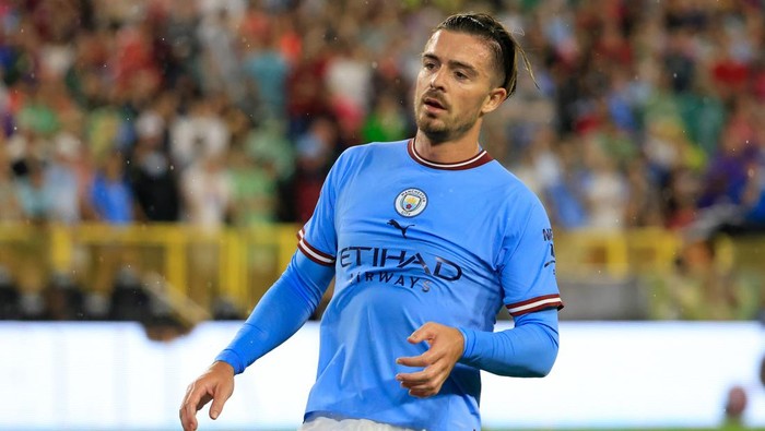GREEN BAY, WISCONSIN - JULY 23: Jack Grealish of Manchester City reacts during the pre-season friendly match between Bayern Munich and Manchester City at Lambeau Field on July 23, 2022 in Green Bay, Wisconsin. (Photo by Justin Casterline/Getty Images)