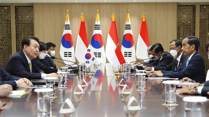 South Korean President Yoon Suk Yeol, left, talks with Indonesian President Joko Widodo during a meeting at the presidential office in Seoul, South Korea, Thursday, July 28, 2022.(Suh Myung-gon/Yonhap via AP)