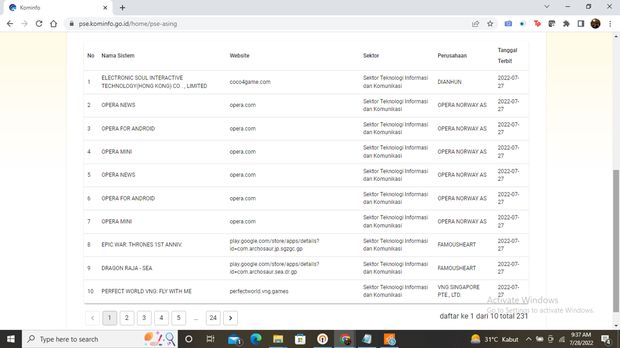 Opera Terdaftar PSE Kominfo (Screenshot)