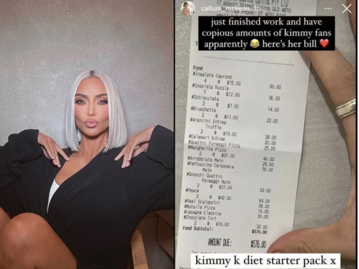 Pelayan bocorkan tagihan makan Kim kardashian yang pesan pizza dan pasta hingga Rp 6 juta