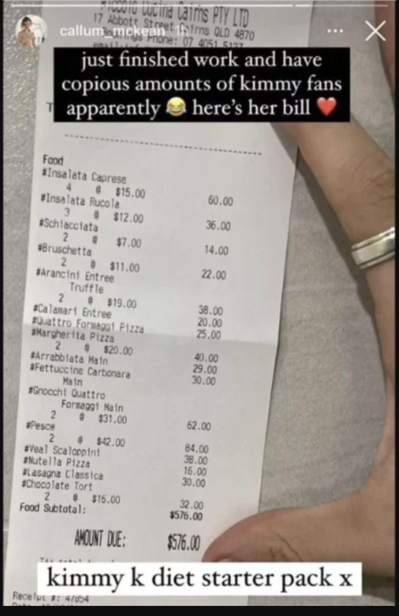 Pelayan bocorkan tagihan makan Kim kardashian yang pesan pizza dan pasta hingga Rp 6 juta