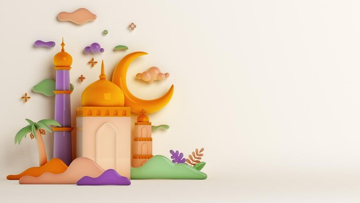 Islamic decoration background with mosque, crescent moon, dates tree cartoon style, ramadan kareem, mawlid, iftar, isra  miraj, eid al fitr adha, muharram, copy space text area, 3D illustration.