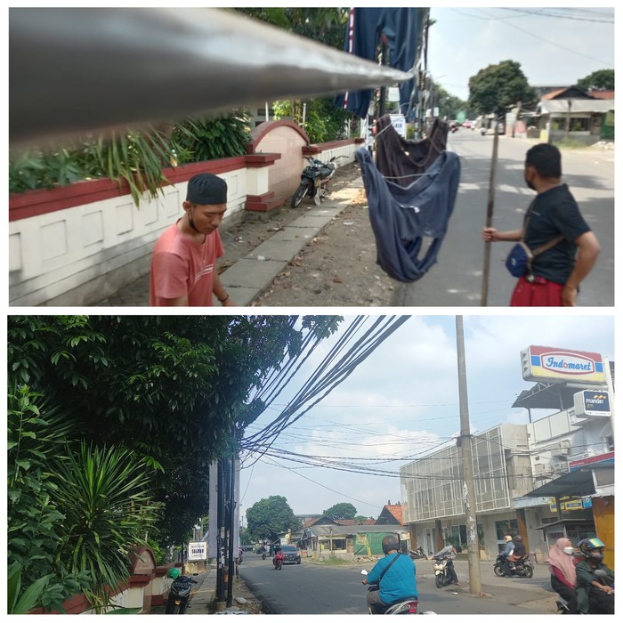 Kabel optik yang sempat menjuntai dan dijadikan jemuran warga, di Jl Tarumanegara, Pisangan, Ciputat Timur, Tangsel. (Repro detikcom. Sumber: Saidna Ali dan Khairul Maarif detikcom) )