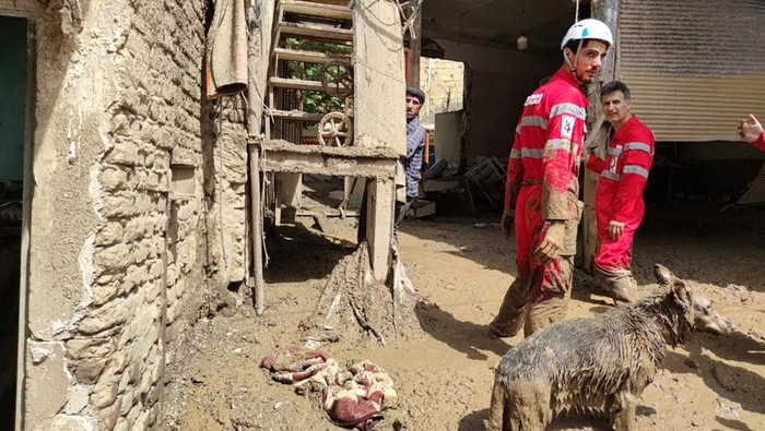 A rescuer stands with his search and rescue dog following the flood in Imamzadeh Davoud village in the north of Tehran, Iran July 28, 2022. Iranian Red Crescent Society/WANA (West Asia News Agency)/Handout via REUTERS ATTENTION EDITORS - THIS IMAGE HAS BEEN SUPPLIED BY A THIRD PARTY.