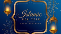 Poster dengan latar berwarna biru ini memberi kesan simpel elegan. Ditambah lagi dengan adanya aksesoris lampu berwarna keemasan. Foto: Getty Images/iStockphoto/StarLineArts