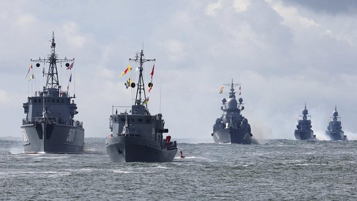 A warship launches anti-submarine rockets during a rehearsal for the Naval parade in Baltiysk, a Navy base in Russian Baltic Sea exclave, Russia, Thursday, July 28, 2022. The celebration of Navy Day in Russia is traditionally marked on the last Sunday of July and will be celebrated on July 31 this year. (AP Photo)