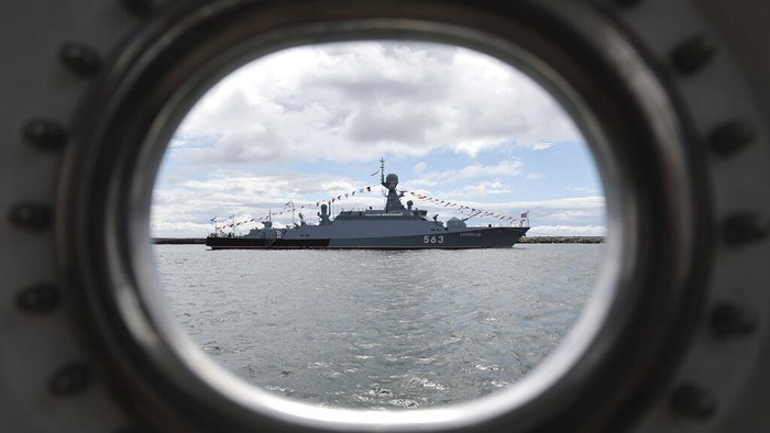A warship launches anti-submarine rockets during a rehearsal for the Naval parade in Baltiysk, a Navy base in Russian Baltic Sea exclave, Russia, Thursday, July 28, 2022. The celebration of Navy Day in Russia is traditionally marked on the last Sunday of July and will be celebrated on July 31 this year. (AP Photo)
