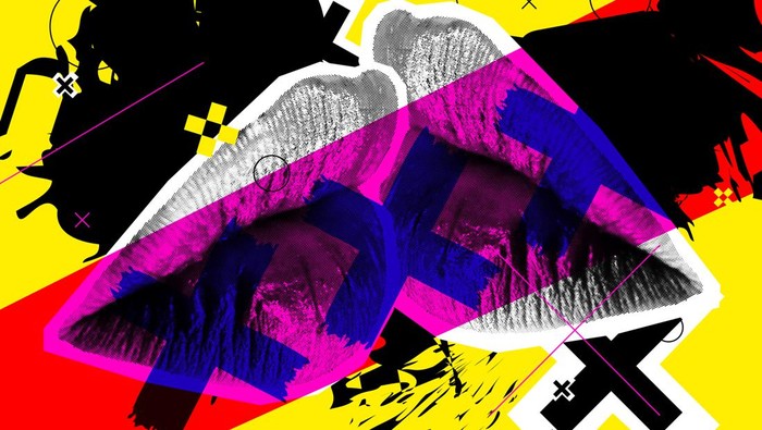 Kissing Halftone Woman Lips On Bright Background. Vector Collage With Universal Graphic Elements, Geometric Shapes, Dotted Object For Your Design