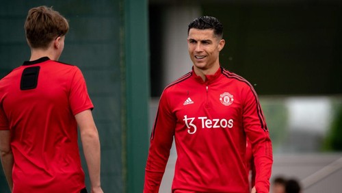 MANCHESTER, ENGLAND - MAY 17: (EXCLUSIVE COVERAGE)  Cristiano Ronaldo of Manchester United in action during a first team training session at Carrington Training Ground on May 17, 2022 in Manchester, England. (Photo by Ash Donelon/Manchester United via Getty Images)