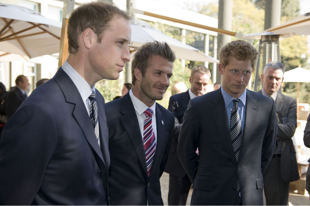 JOHANNESURG - JUNE 19: (N0 PUBLICATION IN UK MEDIA FOR 28 DAYS)   Prince William, Prince Harry and David Beckham attend a reception for FIFA officials on behalf of the English Football Association in honour of the 2010 Football FIFA World Cup on June 19, 2010 in Johannesburg, South Africa. (Photo by Samir Hussein/Wireimage)