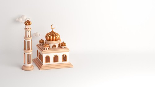 Islamic decoration background with mosque cartoon style, copy space text, ramadan kareem, mawlid, iftar, isra miraj, eid al fitr adha, muharram, 3D illustration.