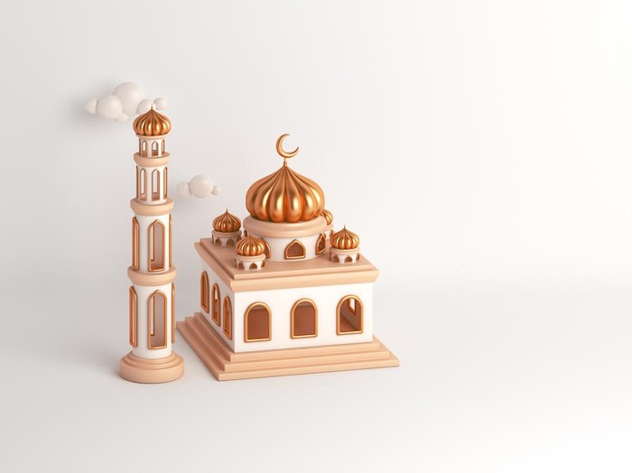 Islamic decoration background with mosque cartoon style, copy space text, ramadan kareem, mawlid, iftar, isra miraj, eid al fitr adha, muharram, 3D illustration.
