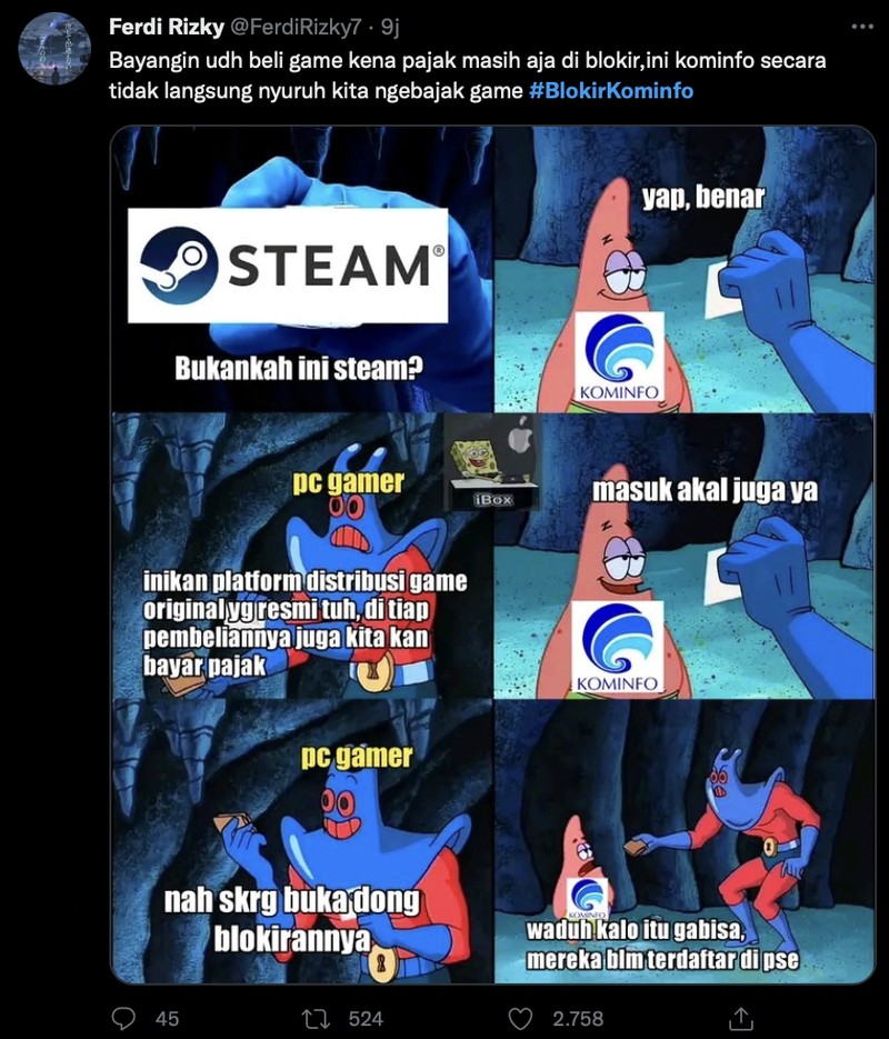 Meme Kominfo bertebaran di linimasa usai memblokir Steam, Epic Games, hingga PayPal