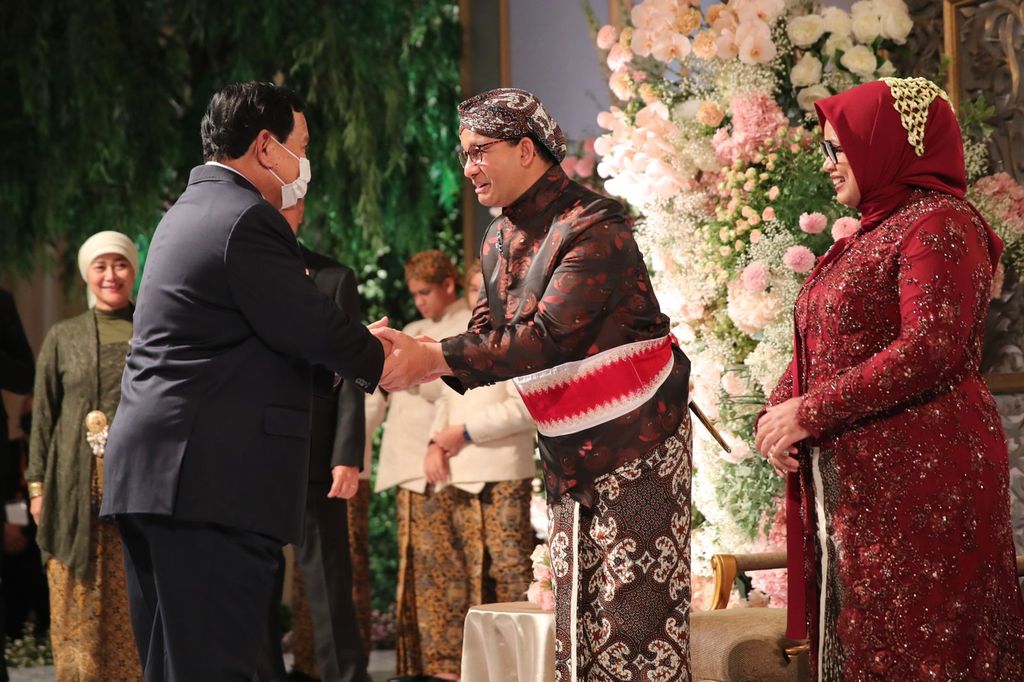 Menteri Pertahanan sekaligus Ketua Umum Partai Gerindra Prabowo Subianto menghadiri resepsi pernikahan putri Gubernur DKI Jakarta Anies Baswedan, Mutiara Annisa Baswedan, dengan Ali Saleh Alhuraiby. Ist