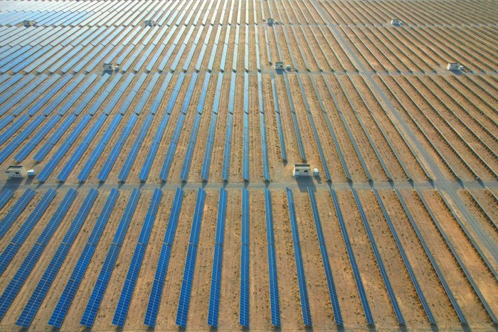 ZHANGYE, CHINA - JULY 31, 2022 - Aerial photo taken on July 31, 2022 shows clean energy from solar photovoltaic power stations on the boundless Gobi in Zhangye, Northwest China's Gansu Province. (Photo credit should read CFOTO/Future Publishing via Getty Images)