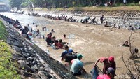 Sejak pagi, warga lelaki, perempuan, tua, muda asyik berbasah-basahan di sungai. Mereka yang datang tak hanya dari Purworejo saja namun juga dari luar kota. Ikan yang hidup secara alami di sungai tersebut sengaja tidak ditangkap selama satu tahun hingga tradisi bersih sungai digelar. (Foto: Rinto Heksantoro/detikJateng)