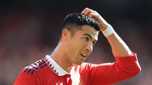 MANCHESTER, ENGLAND - JULY 31: Cristiano Ronaldo of Manchester United scratches his head during the Pre-Season Friendly match between Manchester United and Rayo Vallecano at Old Trafford on July 31, 2022 in Manchester, England. (Photo by Simon Stacpoole/Offside/Offside via Getty Images)