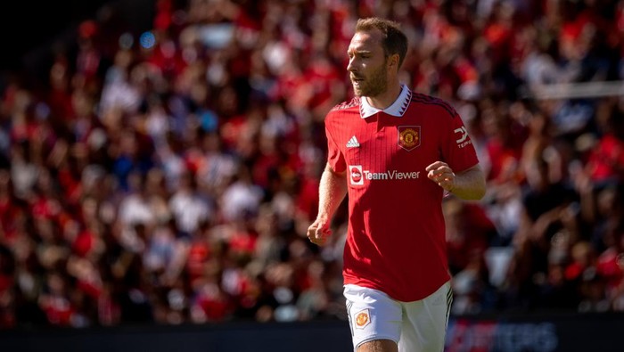 OSLO, NORWAY - JULY 30: Christian Eriksen of Manchester United in action during the pre-season friendly match between Manchester United and Atletico Madrid at Ullevaal Stadion on July 30, 2022 in Oslo, Norway. (Photo by Ash Donelon/Manchester United via Getty Images)