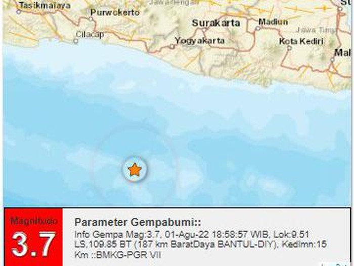 Gempa bumi magnitudo (M) 3,7 guncang perairan Kabupaten Bantul, Daerah Istimewa Yogyakarta (DIY), Senin (1/8/2022).