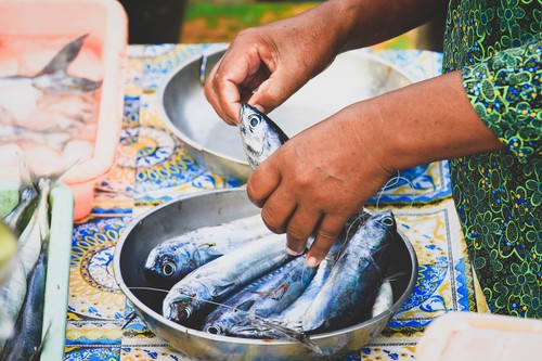 Selective focus on fishes, hands holdong tuna fish at seafood market in Kedonganan - Passer Ikan, Jimbaran beach