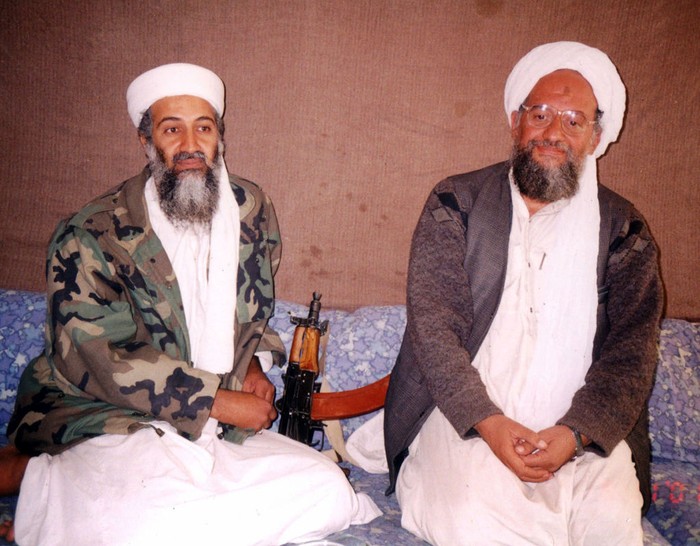 Ayman al-Zawahiri 397285 02: UNDATED PHOTO Osama bin Laden (L) sits with his adviser Ayman al-Zawahiri, an Egyptian linked to the al Qaeda network, during an interview with Pakistani journalist Hamid Mir at an undisclosed location in Afghanistan. In the article, which was published November 10, 2001 in Karachi, bin Laden said he had nuclear and chemical weapons and might use them in response to U.S. attacks. (Photo by Visual News/Getty Images)