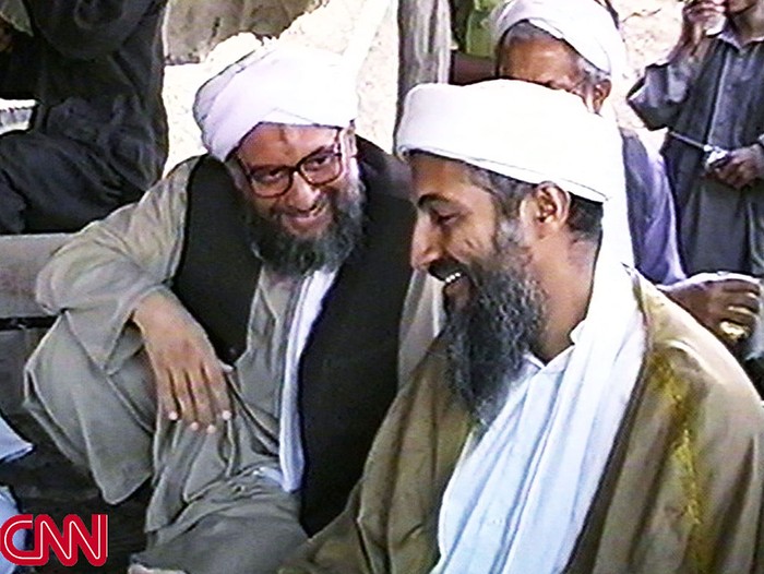 Ayman al-Zawahiri 397285 02: UNDATED PHOTO Osama bin Laden (L) sits with his adviser Ayman al-Zawahiri, an Egyptian linked to the al Qaeda network, during an interview with Pakistani journalist Hamid Mir at an undisclosed location in Afghanistan. In the article, which was published November 10, 2001 in Karachi, bin Laden said he had nuclear and chemical weapons and might use them in response to U.S. attacks. (Photo by Visual News/Getty Images)