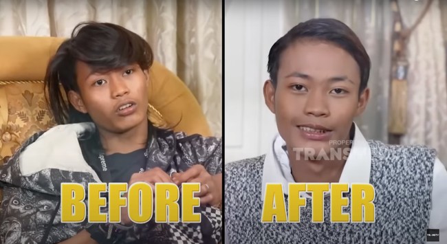 Begini perbedaan penampilan Bonge sebelum dan setelah makeover. Rambut gondrong Bonge yang biasa terurai kini tampak ditata lebih rapih. Gaya berbusananya pun terlihat berbeda. Foto: YouTube/Trans TV Official
