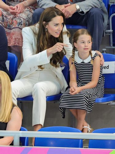 BIRMINGHAM, ENGLAND - AUGUST 02: Princess Charlotte of Cambridge attends the Sandwell Aquatics Centre during the 2022 Commonwealth Games on August 02, 2022 in Birmingham, England. (Photo by Chris Jackson/Getty Images)