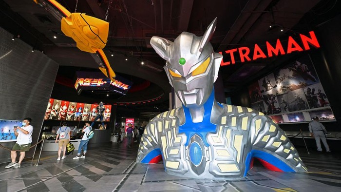 SHANGHAI, CHINA - JULY 30, 2022 - The world's first Ultraman themed entertainment zone officially opens after a week of trial operation at Haichang Ocean Park in Shanghai, China, on July 30, 2022. The world's tallest giant Sello Ultraman sculpture is breaking the Guinness World Record, the country's first frozen theater and the first themed restaurant are also open, in addition to the entertainment center (a new motion video game entertainment area) and the surrounding hand-made derivative stores (more than 200,000 licensed products). (Photo credit should read CFOTO/Future Publishing via Getty Images)