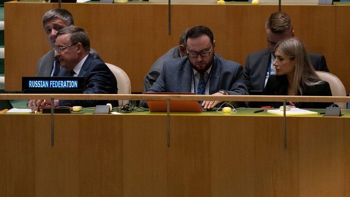 Delegates from Russia attend the Nuclear Non-Proliferation Treaty review conference in New York City, New York, U.S., August 1, 2022. REUTERS/David Dee Delgado