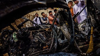 Ini adalah kerusakan yang dialami mobil jenderal Iran, Qassem Soleimani, yang ditembak dengan Hellfire RX9 di Baghdad pada awal 2020. Foto: Getty Images