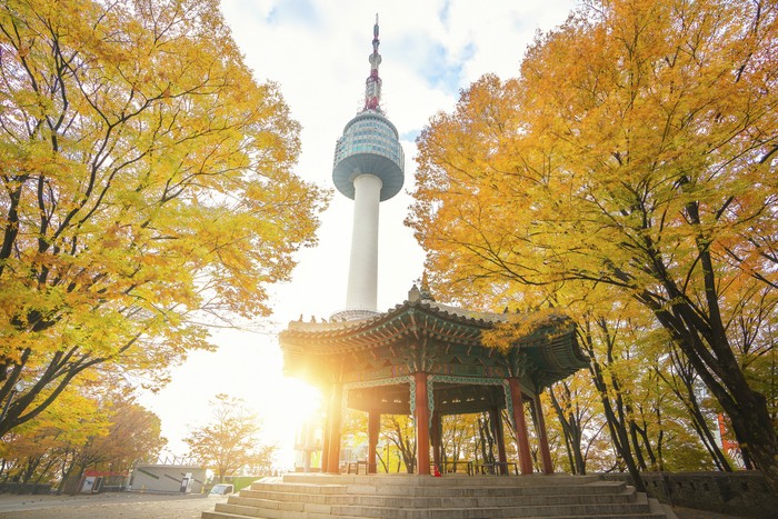 N seoul tower and chinese pavilion in autumn with morning sunrise, Seoul city, South Korea