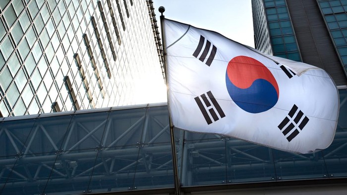 The Korean flag hanging in a high-rise building