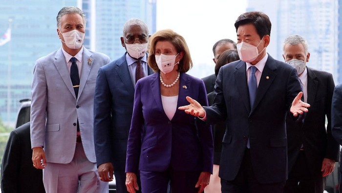 U.S. House of Representatives Speaker Nancy Pelosi is greeted by South Korea?s National Assembly Speaker Kim Jin-pyo before their meeting at the National Assembly in Seoul, South Korea, August 4, 2022. Yonhap via REUTERS