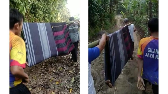 Tangkapan layar warga Cianjur ditandu memakai sarung dan bambu.