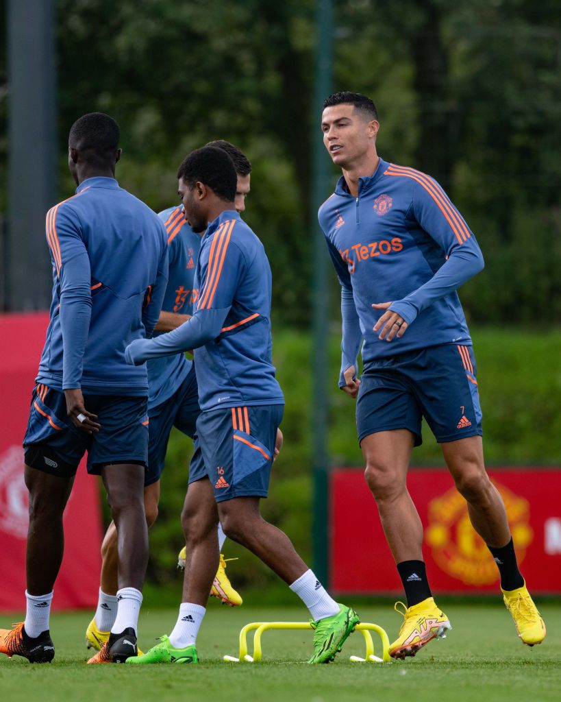 MANCHESTER, ENGLAND - AUGUST 03: (EXCLUSIVE COVERAGE) Cristiano Ronaldo of Manchester United in action during a first team training session at Carrington Training Ground on August 03, 2022 in Manchester, England. (Photo by Ash Donelon/Manchester United via Getty Images)