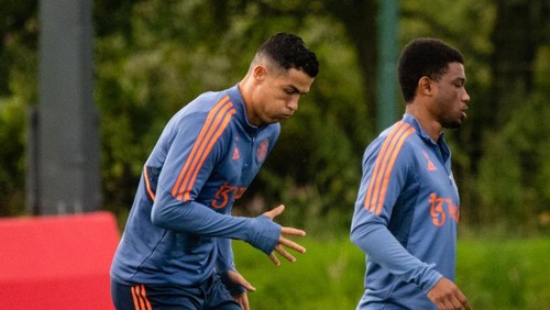 MANCHESTER, ENGLAND - AUGUST 03: (EXCLUSIVE COVERAGE) Cristiano Ronaldo of Manchester United in action during a first team training session at Carrington Training Ground on August 03, 2022 in Manchester, England. (Photo by Ash Donelon/Manchester United via Getty Images)