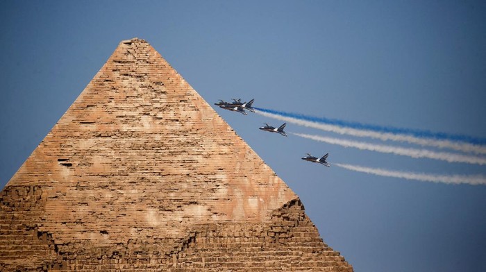Aircrafts participate in Pyramids Air Show 2022 where Egyptian Air Forces' 