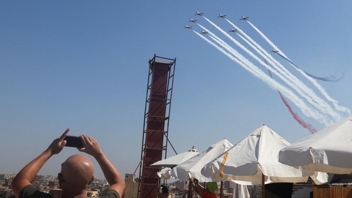 Aircrafts participate in Pyramids Air Show 2022 where Egyptian Air Forces' 