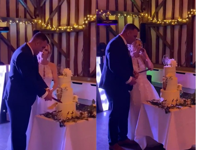 Pengantin pria potong kue pernikahan seharga Rp 8 juta dengan cara nyeleneh.