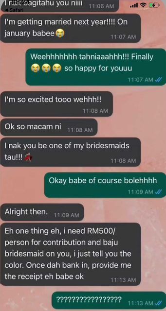 Beredar percakapan calon pengantin yang meminta uang kepada temannya untuk jadi bridesmaid dan beli baju sendiri.