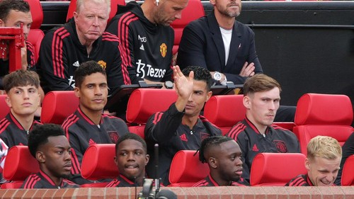 Manchester United manager Erik ten Hag (top right) and Cristiano Ronaldo (centre) before the Premier League match at Old Trafford, Manchester. Picture date: Sunday August 7, 2022. (Photo by Ian Hodgson/PA Images via Getty Images)