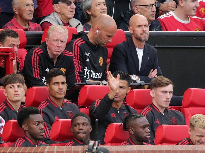 Manchester United manager Erik ten Hag (top right) and Cristiano Ronaldo (centre) before the Premier League match at Old Trafford, Manchester. Picture date: Sunday August 7, 2022. (Photo by Ian Hodgson/PA Images via Getty Images)