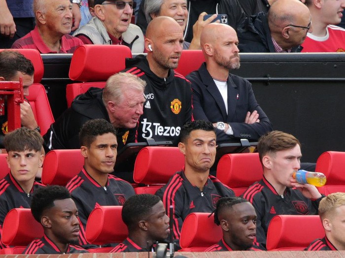 Manchester United manager Erik ten Hag (top right) and Cristiano Ronaldo (centre) before the Premier League match at Old Trafford, Manchester. Picture date: Sunday August 7, 2022. (Photo by Ian Hodgson/PA Images via Getty Images)